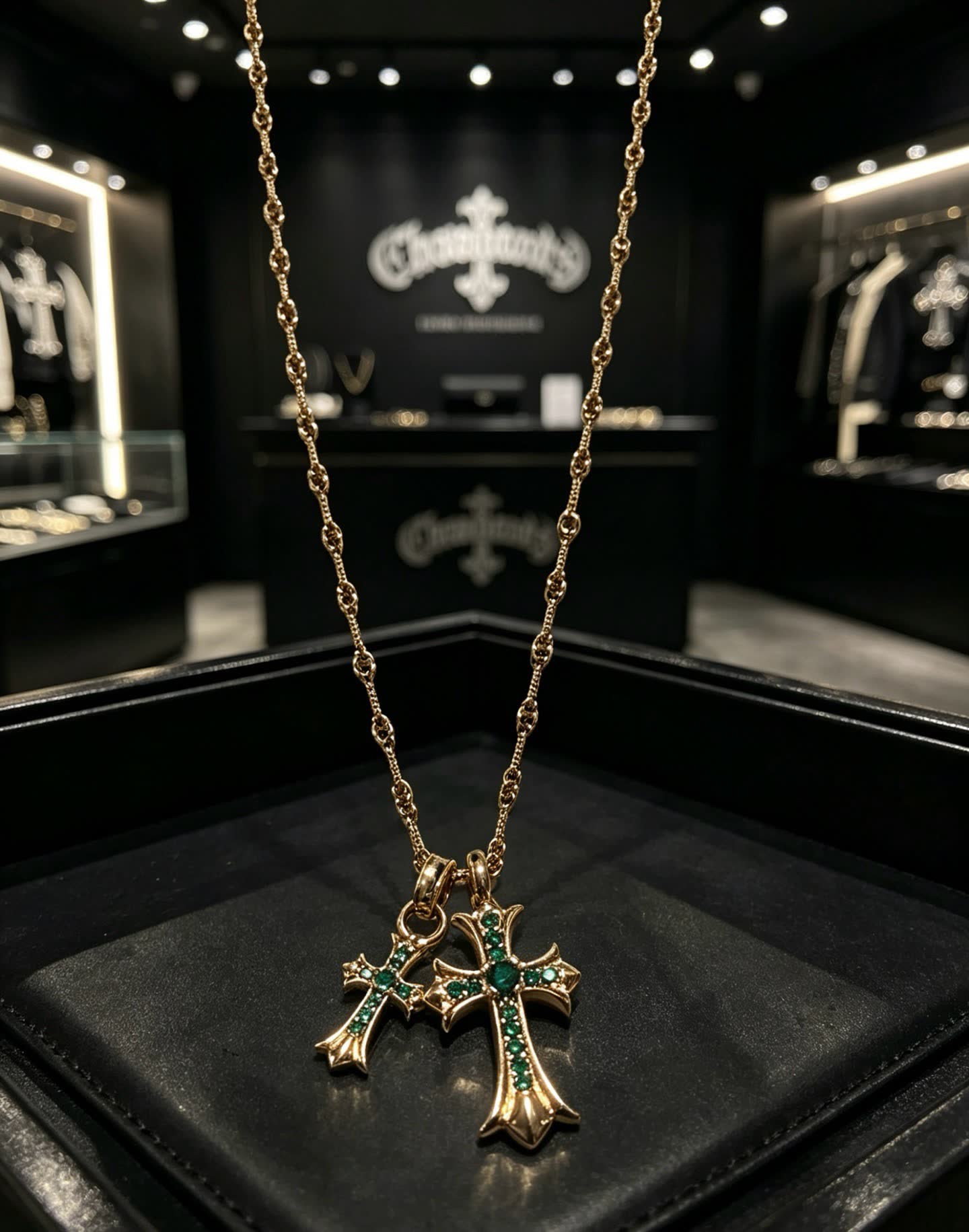 Chrome Hearts Gold Plated Rosary Necklace with Emerald Cross